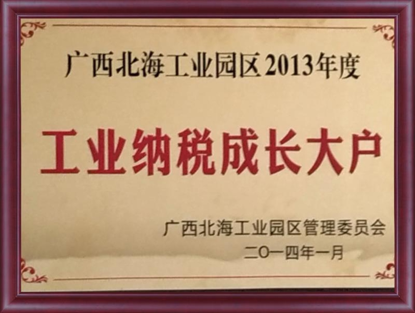 广西北海工业园区2013年度工业纳税成长大户